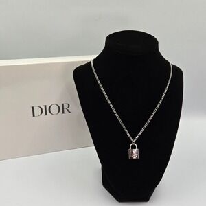 Dior‎ Padlock Charm Necklace Silver Tone Chain